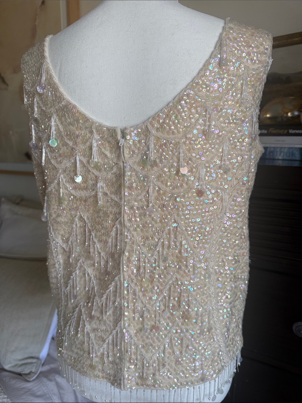 Vintage Handmade Haute Couture Beaded Ivory Sequin Top 100% Wool Size 36 - Picture 6 of 15